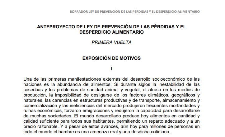 Anteproyecto de Ley de prevención de las Pérdidas y el Desperdicio Alimentario